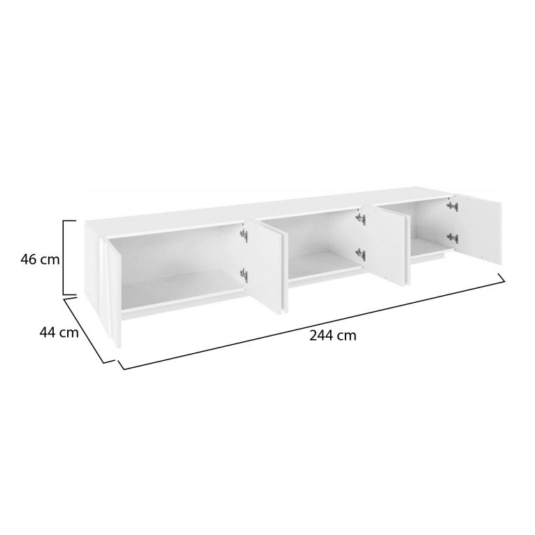 Mobile porta TV Lucas, Credenza bassa da soggiorno, Base porta TV, 100% Made in Italy, cm 244x44h46, Bianco lucido
