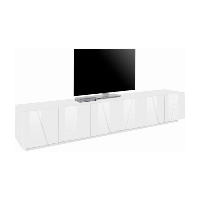 Mobile porta TV Lucas, Credenza bassa da soggiorno, Base porta TV, 100% Made in Italy, cm 244x44h46, Bianco lucido