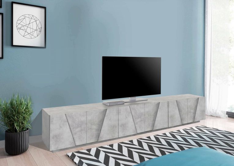 Mobile porta TV Lucas, Credenza bassa da soggiorno, Base porta TV, 100% Made in Italy, cm 244x44h46, Cemento scuro
