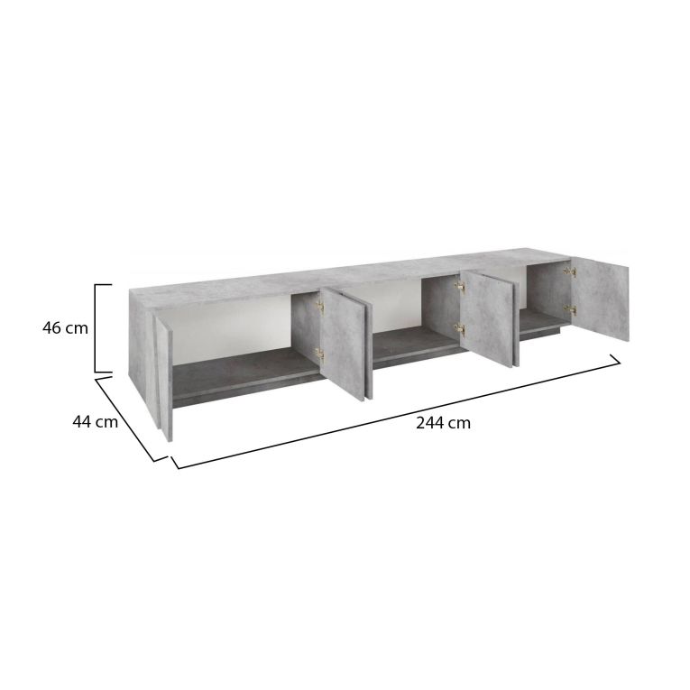 Mobile porta TV Lucas, Credenza bassa da soggiorno, Base porta TV, 100% Made in Italy, cm 244x44h46, Cemento scuro