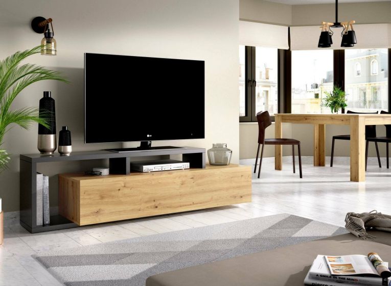 Mobile porta TV Maiella, Credenza bassa da soggiorno, Madia da salotto per televisione, 165x40h47 cm, Rovere Nodi e Antracite