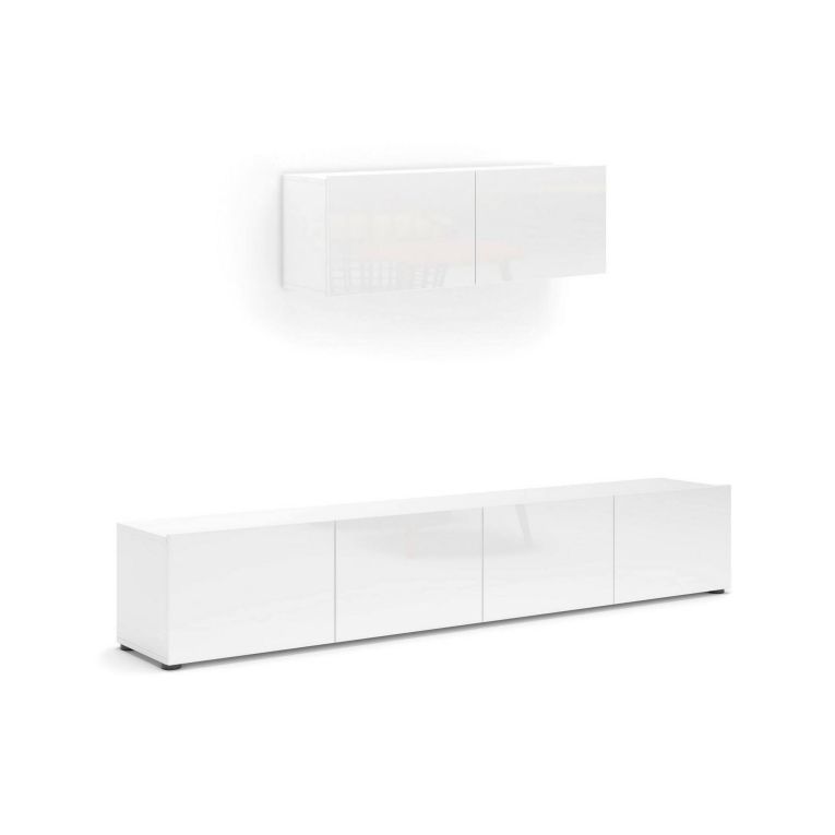 Mobile porta TV Mangaung, Credenza da soggiorno, Armadio basso per TV, Base parete attrezzata, Made in Italy, 225x38h39 cm, Bianco lucido