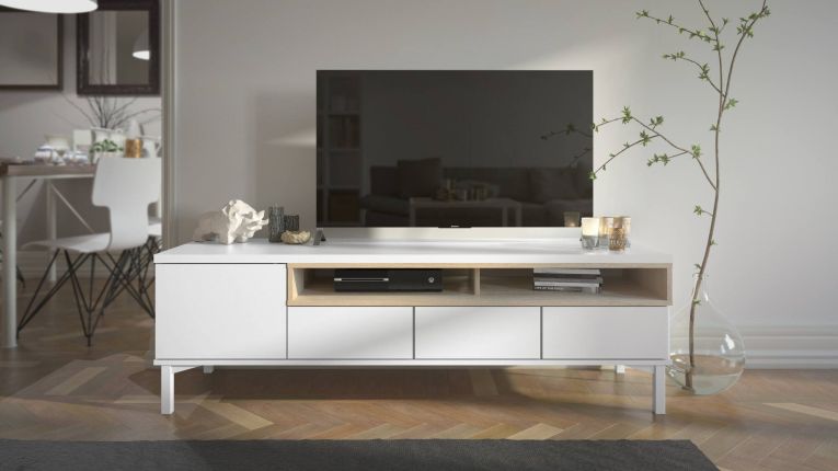 Mobile porta TV Margaux, Credenza da soggiorno, Armadio basso per TV, Base parete attrezzata, 48x156 h48 cm, Bianco e Quercia