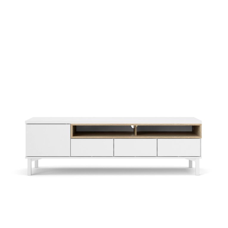 Mobile porta TV Margaux, Credenza da soggiorno, Armadio basso per TV, Base parete attrezzata, 48x156 h48 cm, Bianco e Quercia