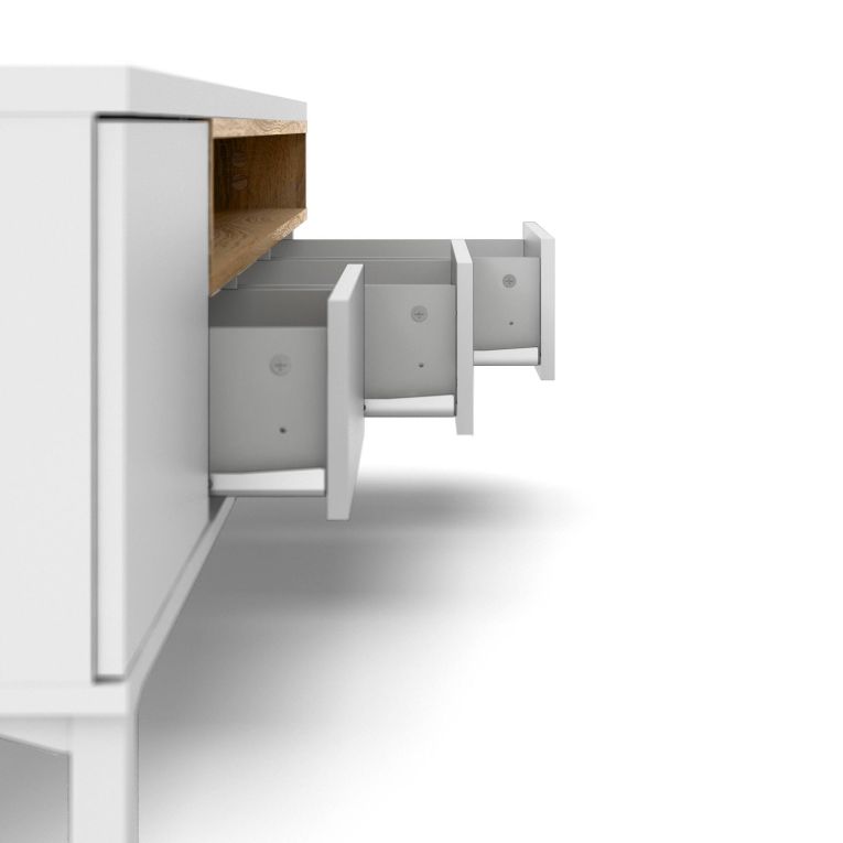 Mobile porta TV Margaux, Credenza da soggiorno, Armadio basso per TV, Base parete attrezzata, 48x156 h48 cm, Bianco e Quercia