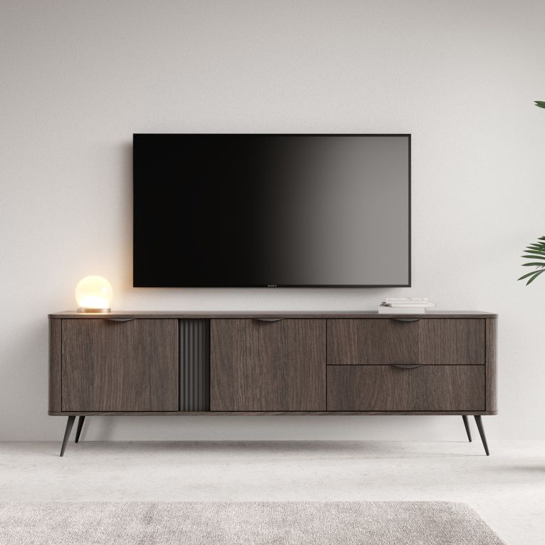 Mobile Porta tv Marrone Noce 2 Cassetti 3 Ripiani 195x38x61h cm, 2 Ante - Kamirili