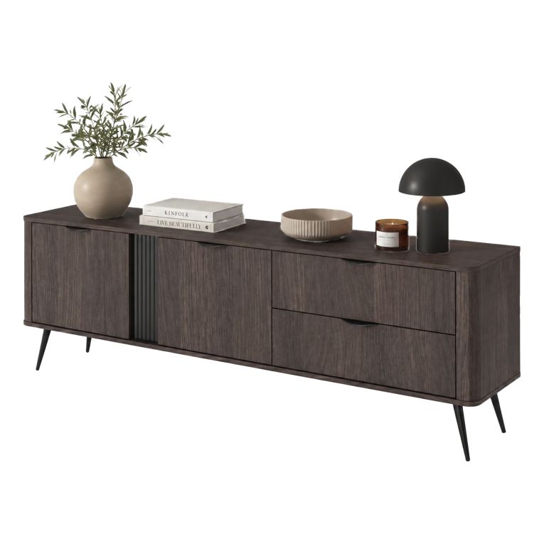 Mobile Porta tv Marrone Noce 2 Cassetti 3 Ripiani 195x38x61h cm, 2 Ante - Kamirili