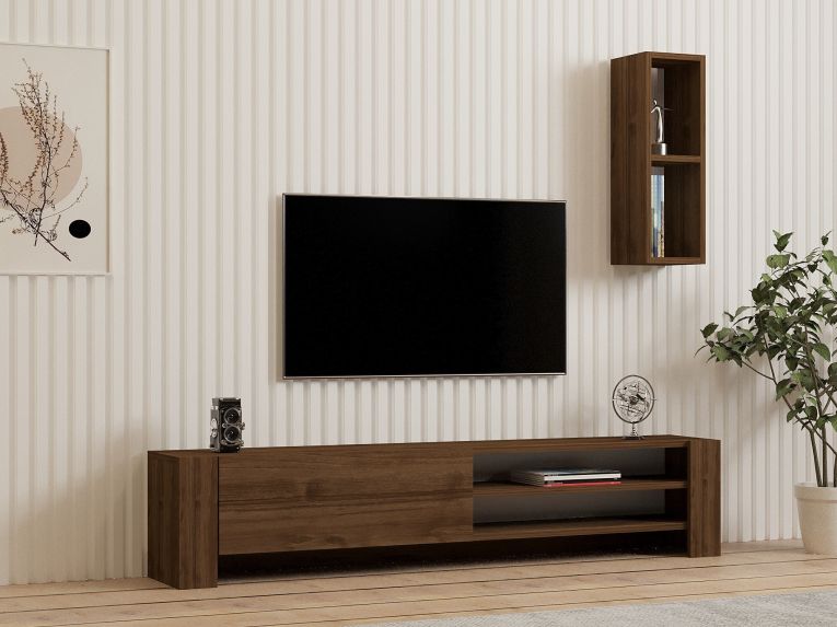 Mobile Porta tv Marrone Noce 2 Ripiani Apertura a Ribalta 160x27x33h cm, Un'anta - Cuorgne
