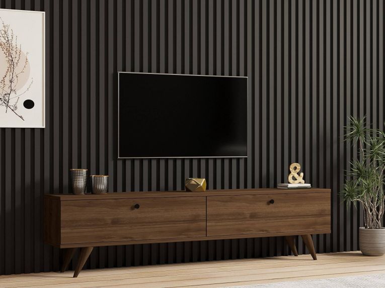 Mobile Porta tv Marrone Noce 2 Vani 2 Ante 160x25x40h cm, Apertura a Ribalta - Atestino
