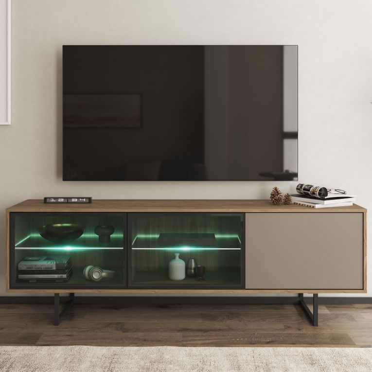 Mobile Porta tv Marrone Noce Beige 3 Ripiani 3 Ante 185x40x60h cm, Anta e Ripiani Dettaglio Vetro, con Luci led - Travesio