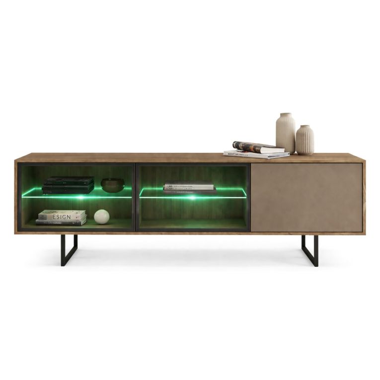 Mobile Porta tv Marrone Noce Beige 3 Ripiani 3 Ante 185x40x60h cm, Anta e Ripiani Dettaglio Vetro, con Luci led - Travesio