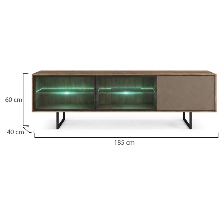 Mobile Porta tv Marrone Noce Beige 3 Ripiani 3 Ante 185x40x60h cm, Anta e Ripiani Dettaglio Vetro, con Luci led - Travesio