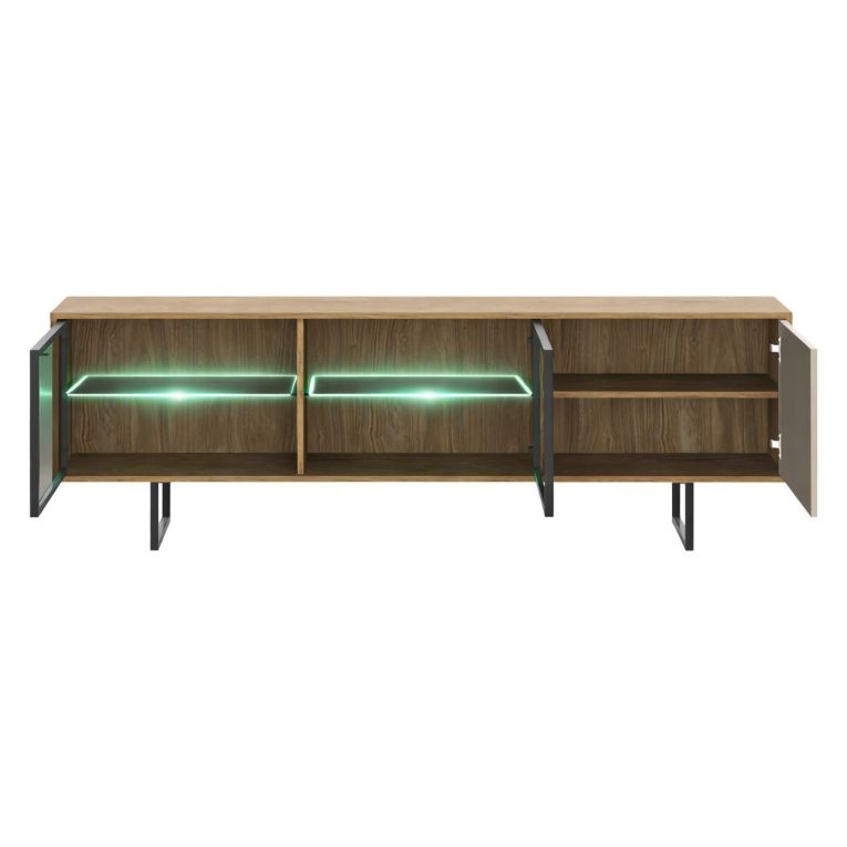 Mobile Porta tv Marrone Noce Beige 3 Ripiani 3 Ante 185x40x60h cm, Anta e Ripiani Dettaglio Vetro, con Luci led - Travesio