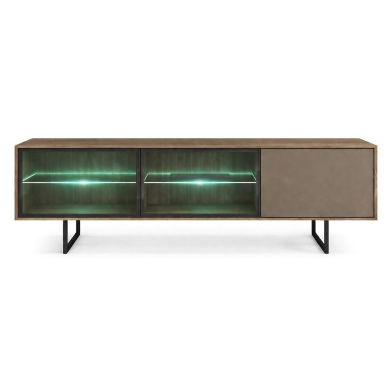 Mobile Porta tv Marrone Noce Beige 3 Ripiani 3 Ante 185x40x60h cm, Anta e Ripiani Dettaglio Vetro, con Luci led - Travesio