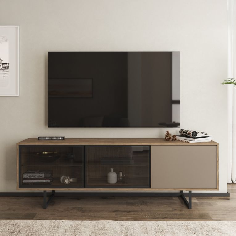 Mobile Porta tv Marrone Noce Beige 3 Ripiani 3 Ante 185x40x60h cm, Anta e Ripiani Dettaglio Vetro - Serrata