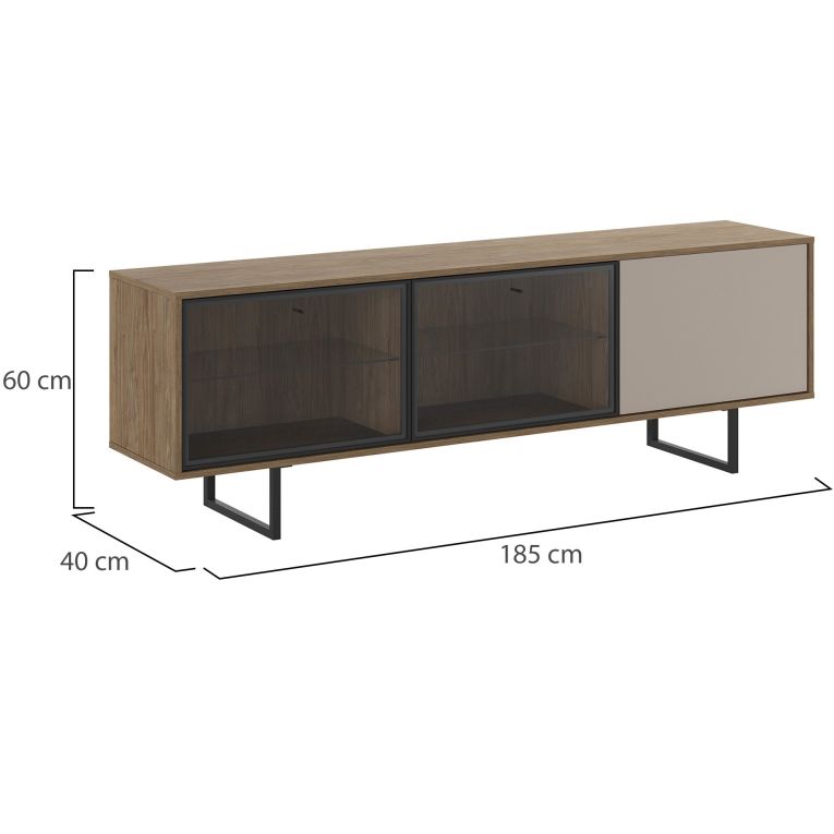 Mobile Porta tv Marrone Noce Beige 3 Ripiani 3 Ante 185x40x60h cm, Anta e Ripiani Dettaglio Vetro - Serrata