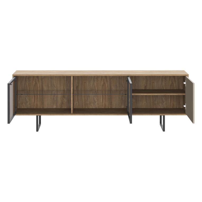 Mobile Porta tv Marrone Noce Beige 3 Ripiani 3 Ante 185x40x60h cm, Anta e Ripiani Dettaglio Vetro - Serrata