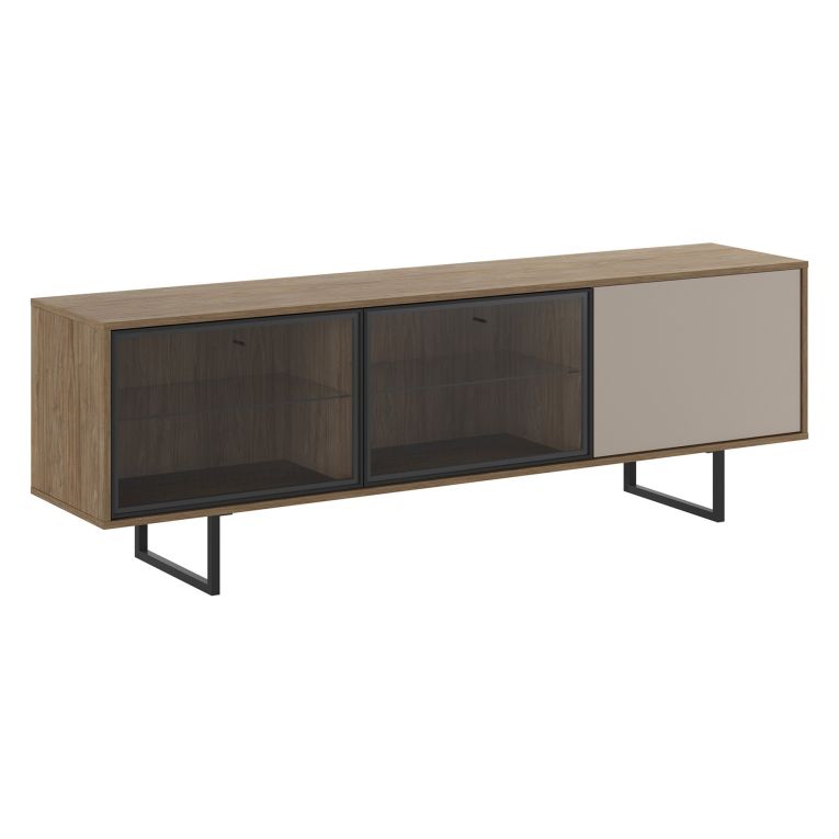 Mobile Porta tv Marrone Noce Beige 3 Ripiani 3 Ante 185x40x60h cm, Anta e Ripiani Dettaglio Vetro - Serrata
