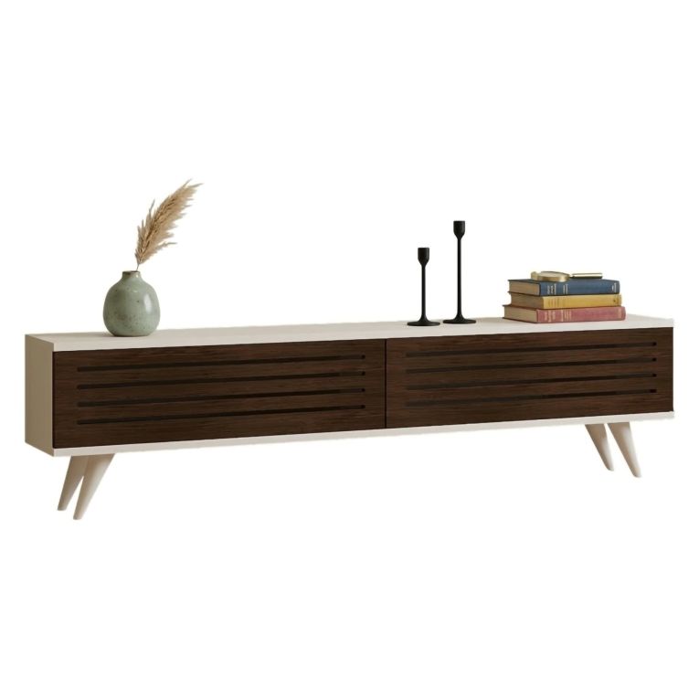 Mobile Porta tv Marrone Noce Bianco 2 Ante Apertura a Ribalta 160x25x40h cm, 2 Vani - Trepuzzi
