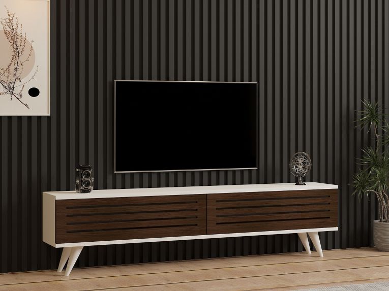 Mobile Porta tv Marrone Noce Bianco 2 Ante Apertura a Ribalta 160x25x40h cm, 2 Vani - Trepuzzi