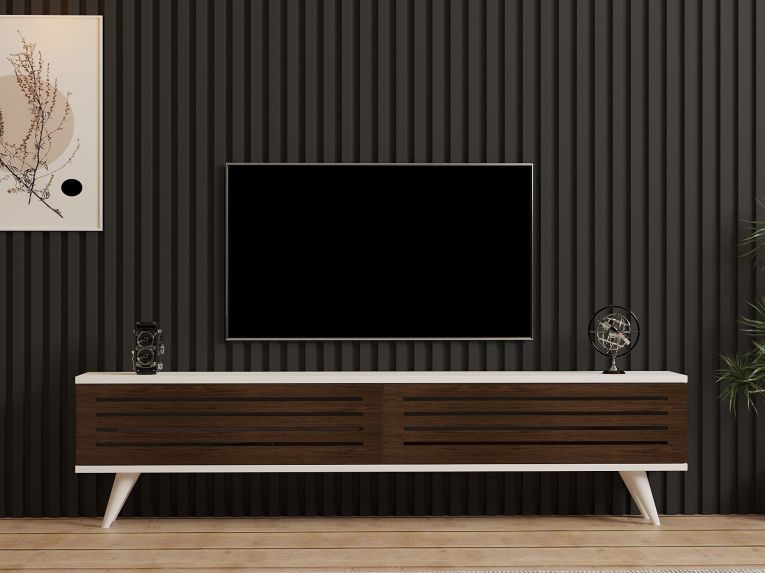 Mobile Porta tv Marrone Noce Bianco 2 Ante Apertura a Ribalta 160x25x40h cm, 2 Vani - Trepuzzi