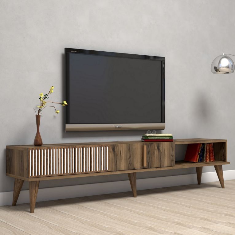 Mobile Porta tv Marrone Noce Bianco 2 Ante Apertura a Ribalta 180x35x40h cm, 3 Vani - Ofena