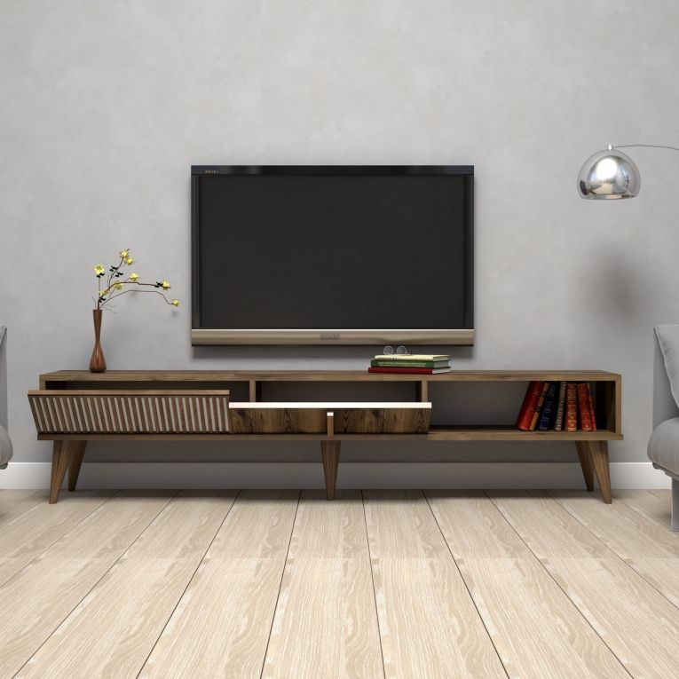 Mobile Porta tv Marrone Noce Bianco 2 Ante Apertura a Ribalta 180x35x40h cm, 3 Vani - Ofena