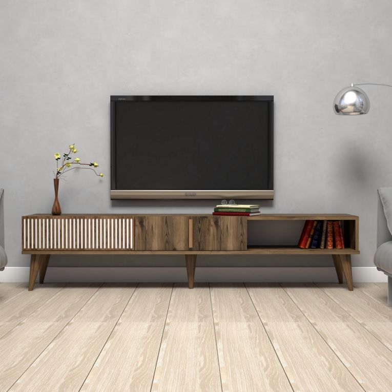 Mobile Porta tv Marrone Noce Bianco 2 Ante Apertura a Ribalta 180x35x40h cm, 3 Vani - Ofena