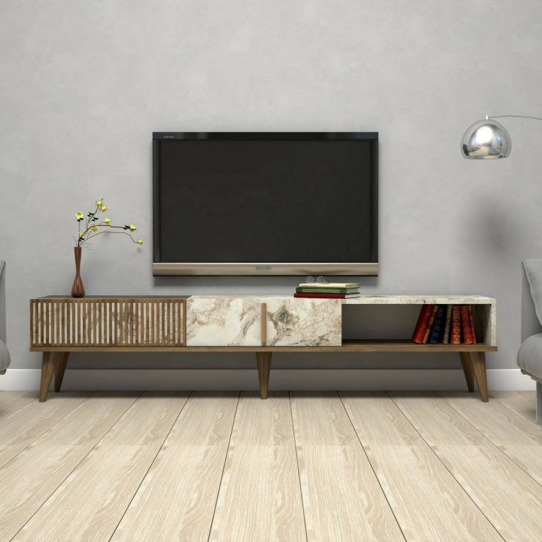 Mobile Porta tv Marrone Noce Bianco Marmo un Cassetto 2 Ripiani 180x35x40h cm, 2 Ante - Jakuchu