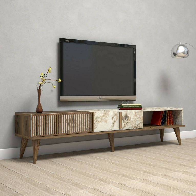 Mobile Porta tv Marrone Noce Bianco Marmo un Cassetto 2 Ripiani 180x35x40h cm, 2 Ante - Jakuchu