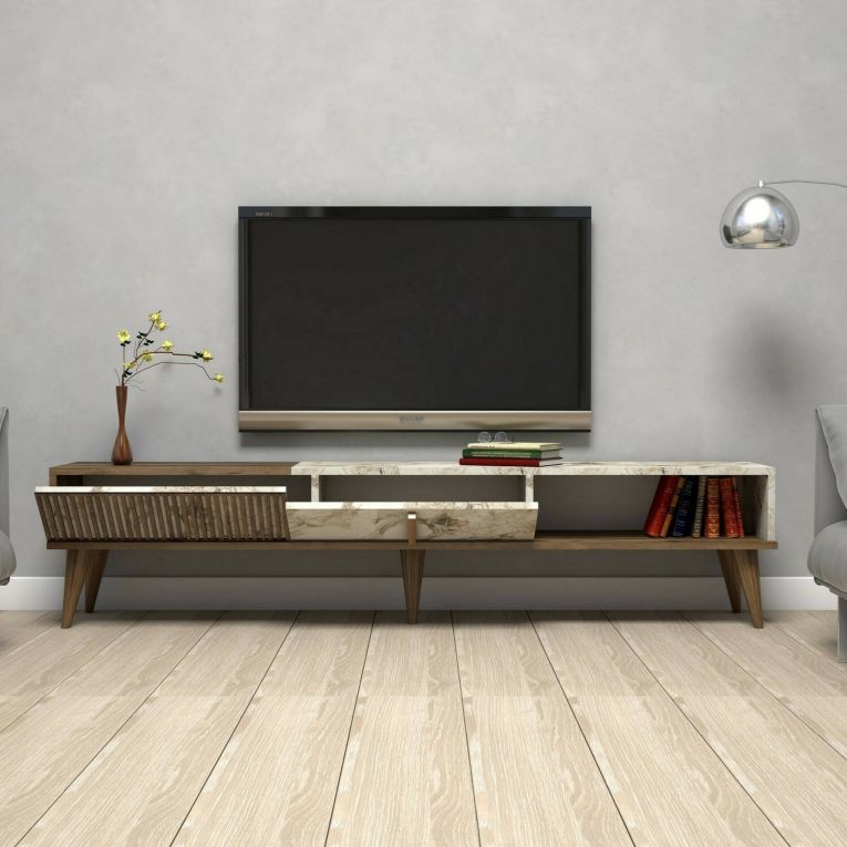Mobile Porta tv Marrone Noce Bianco Marmo un Cassetto 2 Ripiani 180x35x40h cm, 2 Ante - Jakuchu