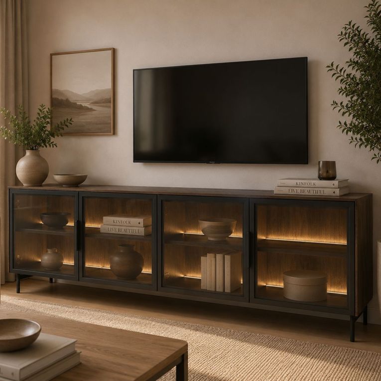 Mobile Porta tv Marrone Noce Nero 3 Ripiani 4 Ante 181x39x62h cm, con led - Kalerora