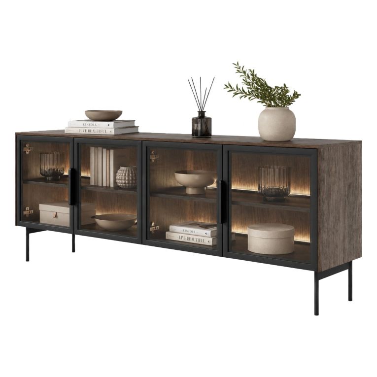 Mobile Porta tv Marrone Noce Nero 3 Ripiani 4 Ante 181x39x62h cm, con led - Kalerora