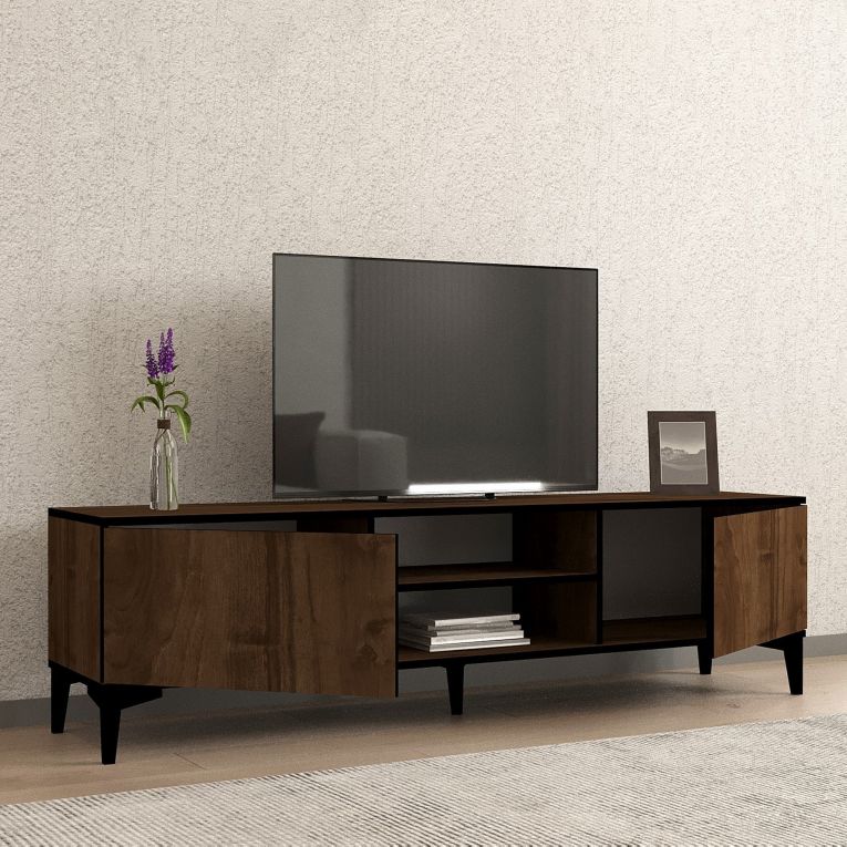 Mobile Porta tv Marrone Noce Nero Antracite un Ripiano 2 Ante 180x40x45h cm, 4 Vani - Fonni