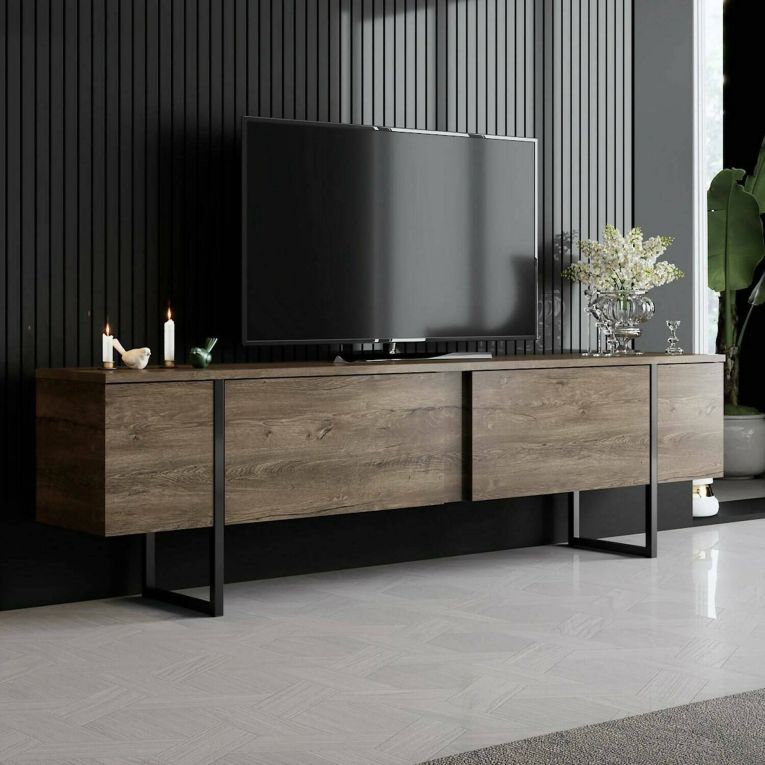 Mobile Porta tv Marrone Noce Nero Cassetti un Ripiano 180x30x50h cm, 2 Ante - Abishia