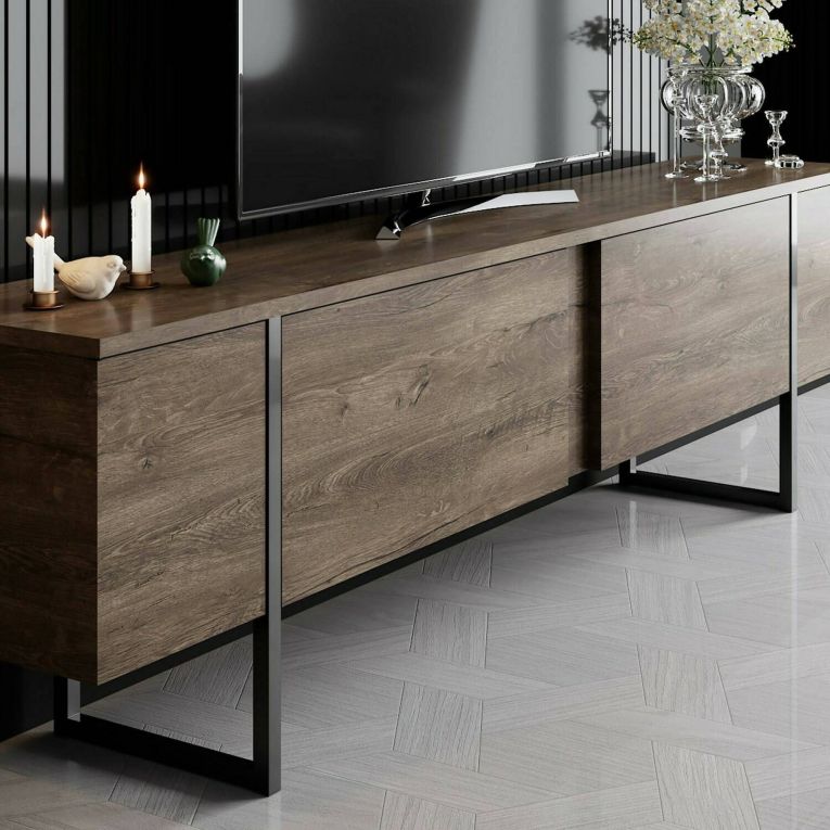 Mobile Porta tv Marrone Noce Nero Cassetti un Ripiano 180x30x50h cm, 2 Ante - Abishia