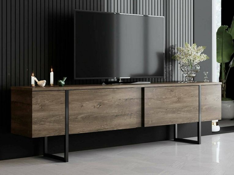 Mobile Porta tv Marrone Noce Nero Cassetti un Ripiano 180x30x50h cm, 2 Ante - Abishia