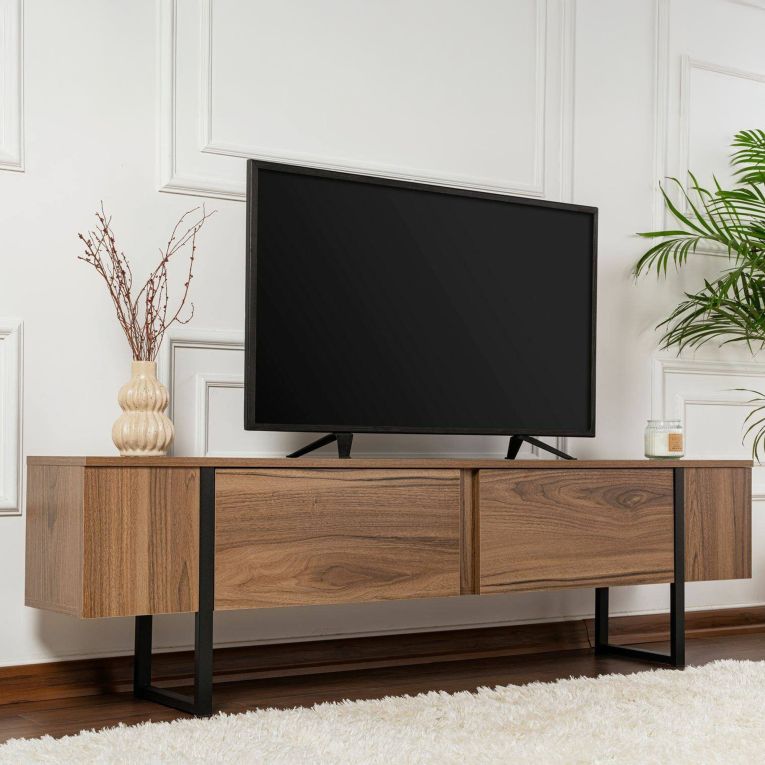 Mobile Porta tv Marrone Noce Nero un Ripiano Apertura a Ribalta 180x30x50h cm, 2 Ante - Tarquin