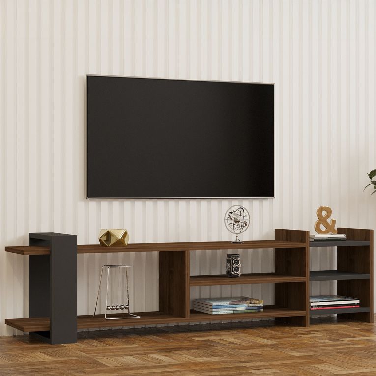 Mobile Porta tv Marrone Noce Noce Antracite 2 Ripiani 5 Vani 156x30x40h cm, Peso Supportato 40 kg - Zubiena