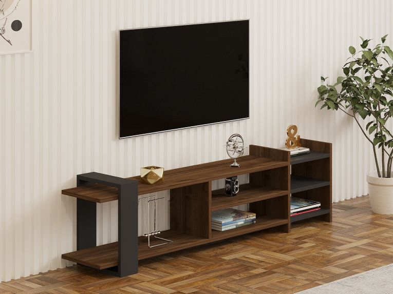 Mobile Porta tv Marrone Noce Noce Antracite 2 Ripiani 5 Vani 156x30x40h cm, Peso Supportato 40 kg - Zubiena