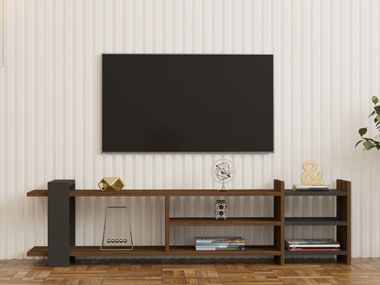 Mobile Porta tv Marrone Noce Noce Antracite 2 Ripiani 5 Vani 156x30x40h cm, Peso Supportato 40 kg - Zubiena