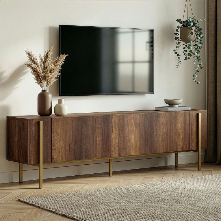Mobile Porta tv Marrone Noce oro 2 Ante 4 Vani 180x30x45h cm, Apertura a Ribalta - Noga