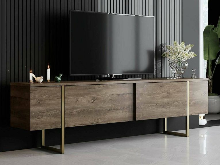 Mobile Porta tv Marrone Noce oro Cassetti un Ripiano 180x30x50h cm, 2 Ante - Abishia