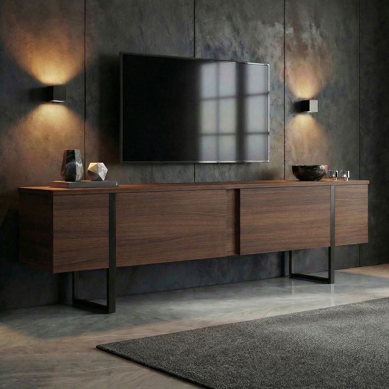 Mobile Porta tv Marrone Noce Scuro Nero 2 Ante 2 Vani 180x30x50h cm, Apertura a Ribalta - Abishia