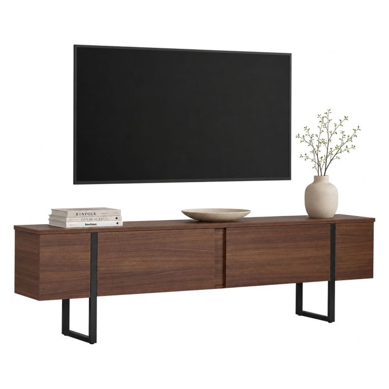 Mobile Porta tv Marrone Noce Scuro Nero 2 Ante 2 Vani 180x30x50h cm, Apertura a Ribalta - Abishia