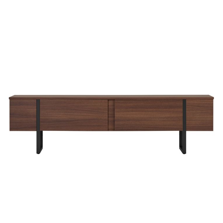 Mobile Porta tv Marrone Noce Scuro Nero 2 Ante 2 Vani 180x30x50h cm, Apertura a Ribalta - Abishia