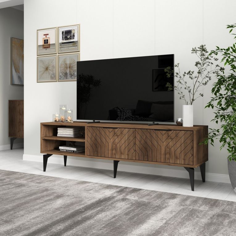 Mobile Porta tv Marrone Noce un Ripiano 2 Ante 160x30x50h cm, 5 Vani - Sambuci