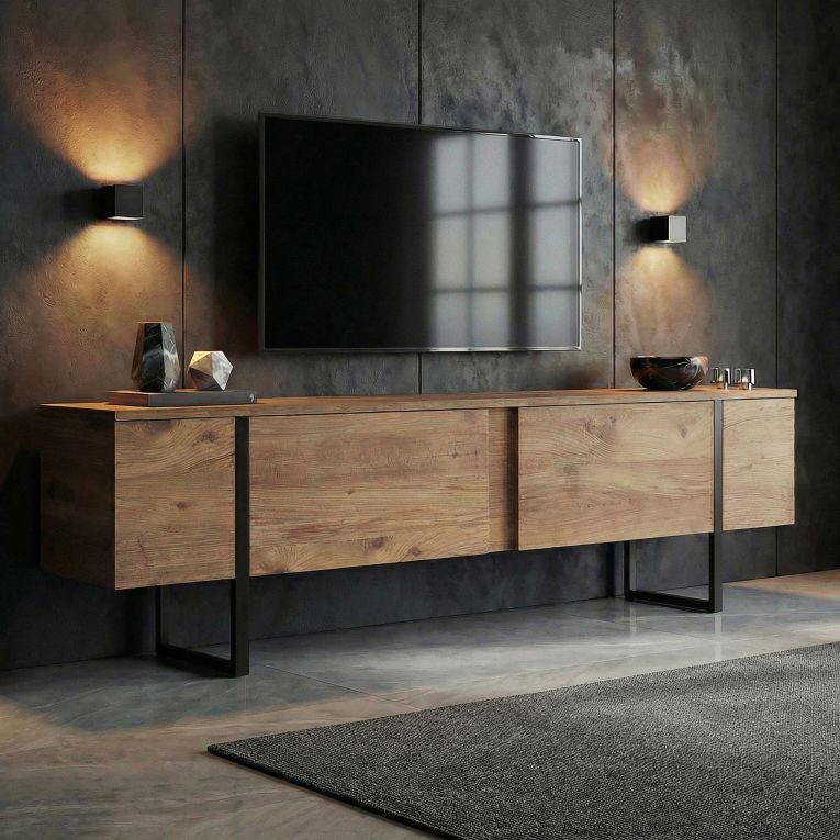 Mobile Porta tv Marrone Quercia Nero 2 Ante 2 Vani 180x30x50h cm, Apertura a Ribalta - Abishia