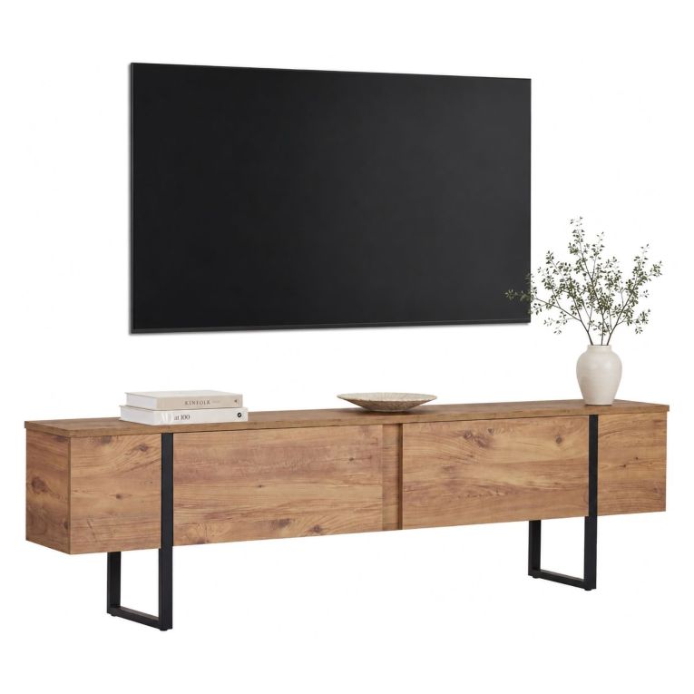 Mobile Porta tv Marrone Quercia Nero 2 Ante 2 Vani 180x30x50h cm, Apertura a Ribalta - Abishia