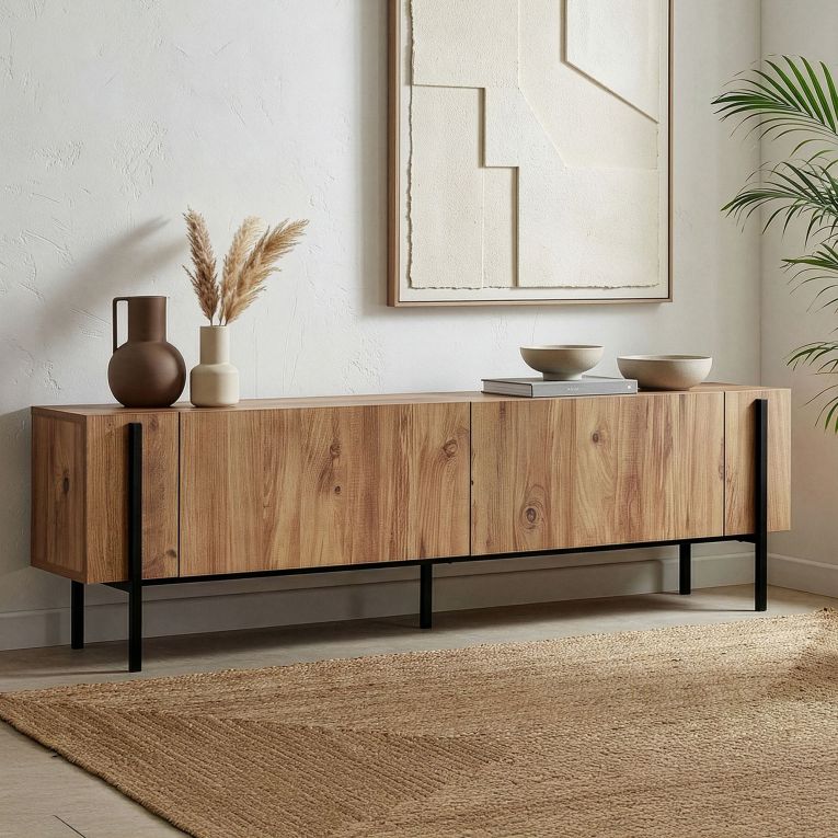 Mobile Porta tv Marrone Quercia Nero 2 Ante 4 Vani 180x30x45h cm, Apertura a Ribalta - Noga